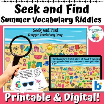 Preview of Seek and Find Summer Vocabulary I Spy Riddles Speech Therapy Print + Boom Cards