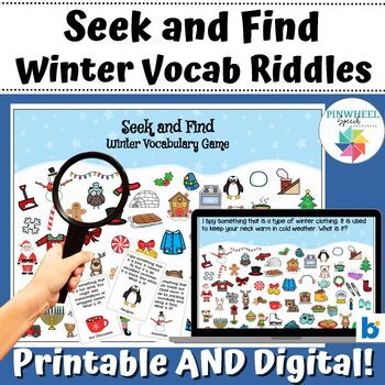 Preview of Seek and Find Winter Vocabulary I Spy Riddles Print + Boom Cards™ Speech Therapy