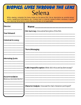 Preview of Selena Biopic Movie Worksheet