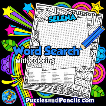Preview of Selena Word Search Puzzle Activity Page with Coloring | Hispanic Heritage Month