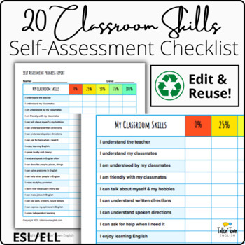 Preview of Self-Assessment Skills Checklist: 20 classroom skills, editable template, ESL