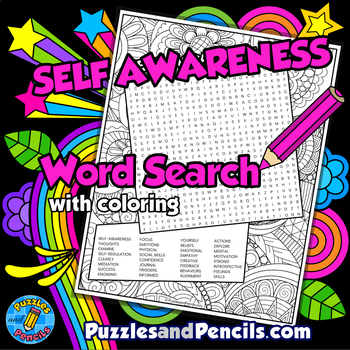 Preview of Self Awareness Word Search Puzzle Activity with Coloring | Health & Wellbeing