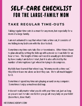 Self Care Checklist For Large Family Moms By Hess Un Academy Tpt