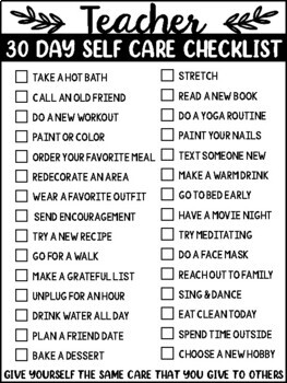 Self Care Checklist for Teachers by Mrs Cowmans Classroom | TPT