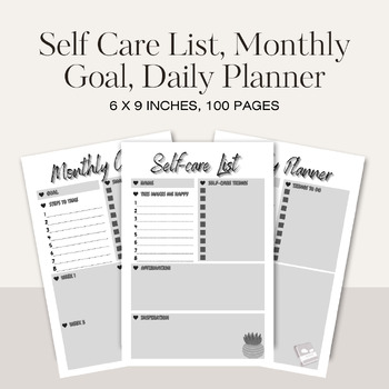 Preview of Self Care List, Monthly Goal, Daily Planner / Editable Canva Template