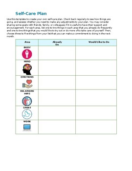 Preview of Self-Care Plan Template (Editable & fillable resource)