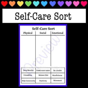 Preview of Self-Care Word Sort - Physical, Emotional, & Social