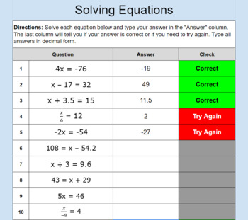 Preview of Self-Check Solving One Step Equations with Fractions Decimals Integers