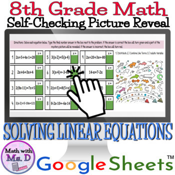 Preview of Self Checking Multi-Step Equations DIGITAL PICTURE REVEAL+PRINTABLE WORKSHEET