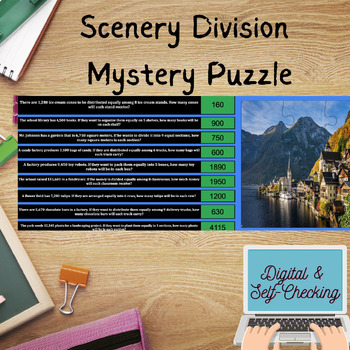 Preview of Self Checking Mystery Math Division Word Problems Scenery Digital