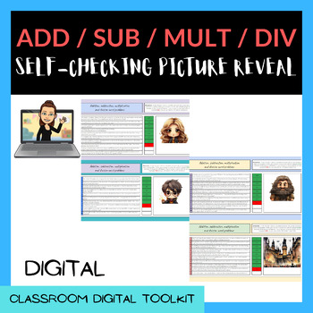Preview of Self Checking PICTURE REVEAL ADD, SUB, MULT & DIV Word Problems - WIZARD THEME