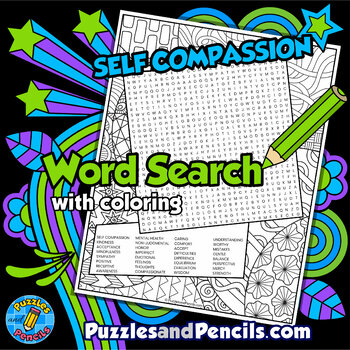 Preview of Self Compassion Word Search Puzzle Page & Mindfulness Coloring | Mental Health