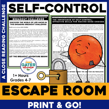 Preview of Self-Control Escape Room | Life Skills Close Reading Activity | Growth Mindset