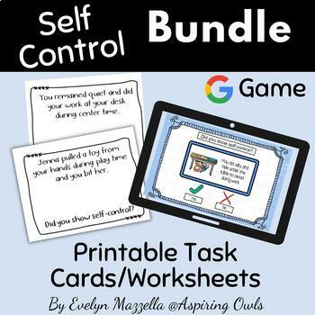 Preview of Social Emotional Learning: Self Control Task Cards, Worksheets & Powerpoint Game