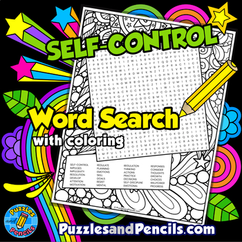 Preview of Self-Control Word Search Puzzle with Coloring | Character Education Wordsearch