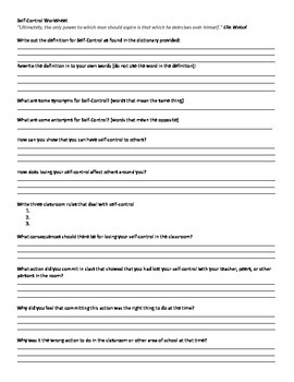 Self-Control Worksheet by Tiffany Ackerman | Teachers Pay Teachers