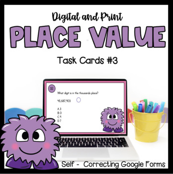 Preview of Self Correct Google Forms - Place Value Task Cards - Digital and Print - NO PREP