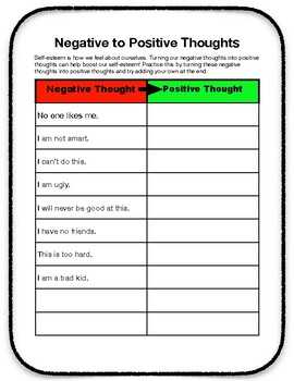 Preview of Self-Esteem-Changing Negative Thoughts to Positive Thoughts-Social Emotional Lea