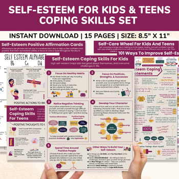 Preview of Self-Esteem Coping Skills For Kids Teens Bundle-Positive Affirmations-Self-Care