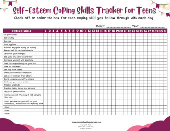 Self-Esteem Coping Skills Tracker For Teens Fillable Worksheet Mental ...