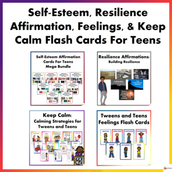 Preview of Self- Esteem, Feelings, Keep Calm & Resilience Flash Cards For Teens Bundle