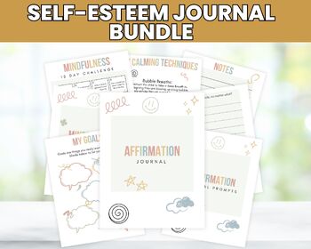 Preview of Self Esteem Journal Bundle, Positive Affirmations, CBT, Confidence Worksheets