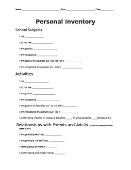 Preview of Self Esteem Personal Inventory