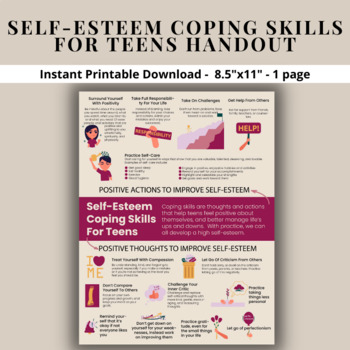 Self-Esteem Coping Skills For Kids & Teens Bundle-Self Confidence-Positive Affirmation Cards-Self-Care Wheel-Coping Statements-Alphabet PDF