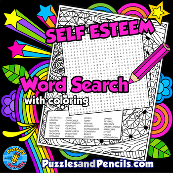 Preview of Self Esteem Word Search Puzzle Activity Page with Coloring | Health & Wellbeing