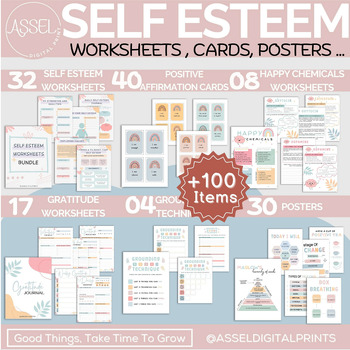 Preview of Self Esteem Worksheet Bundle, gratitude journal, Grounding technique, posters