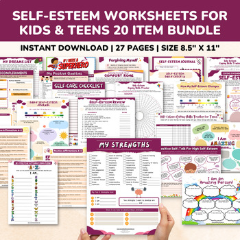 Preview of Self-Esteem Worksheets Kids Teens Mental Health 20 Item Bundle-SEL Coping Skills