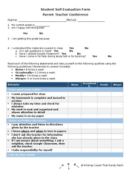 Preview of Editable!! Self-Evaluation for Parent Teacher Conferences