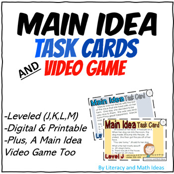 Preview of Self-Grading Main Idea Task Cards +Print Plus Video Game (Leveled Cards J,K,L,M)