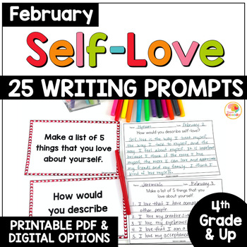 Preview of Self Love Writing Prompts: February Social Emotional Learning Journal Prompts