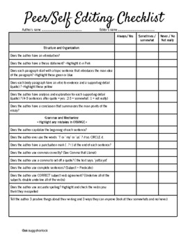Preview of Self/Peer Editing Checklist (student-facing)