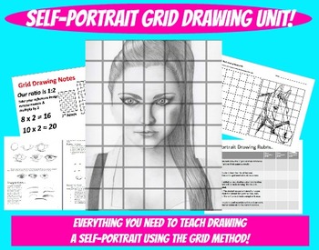 Preview of Self Portrait Grid Drawing Unit Face Proportions Lesson Value Visual Art Project