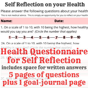 Preview of Self-Reflection Health Questionnaire w journal-goal page, Mental Health,Physical