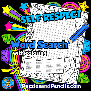 Preview of Self Respect Word Search Puzzle Activity with Coloring | Health and Wellness