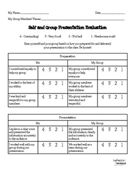 Preview of Self and Group Presentation Evaluations | Self-Assessment | Teacher Rubric