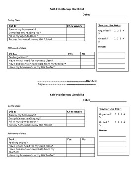 Preview of Self monitoring Checklist half sheet