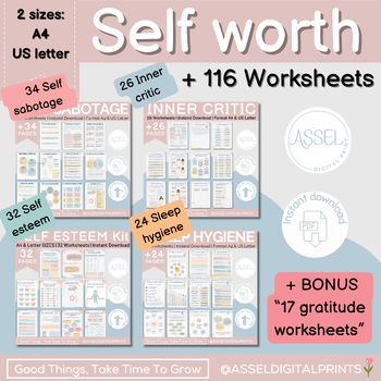Preview of Self worth worksheets bundle, self esteem, self sabotage, inner critic, sleep