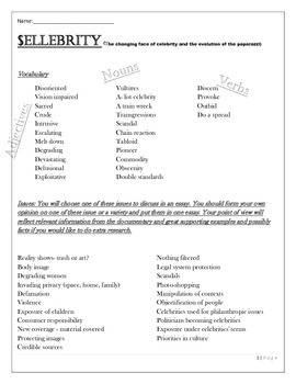 Preview of Sellebrity Documentary Worksheet