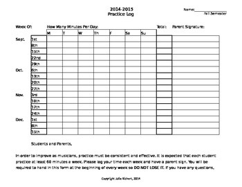 Preview of Semester Practice Log for Instrumental Music