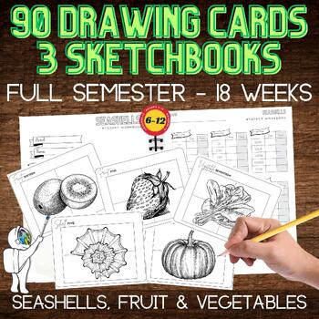 Preview of Semester of Drawing Task Cards & 3 Student Sketchbooks, Middle, High School Art