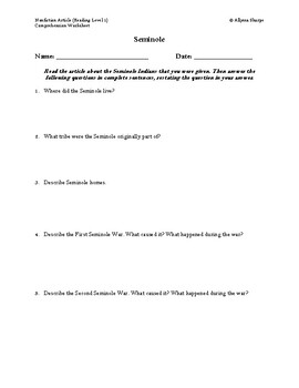 Preview of Seminole Indians Article (Reading Level 1) Comprehension Worksheet
