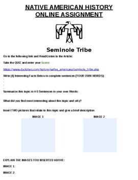 Preview of Seminole Tribe Online Assignment W/ Online Article (Word)