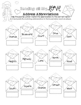 Preview of Sending all My Love - Address Abbreviation Matching Worksheet