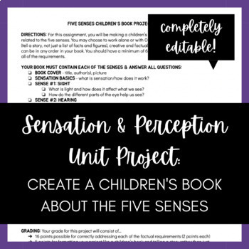 Preview of Sensation & Perception Unit Project | Five Senses Children's Book 