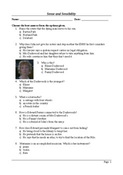 Preview of Sense and Sensibility - MCQ / Final Assessment / Viewing Questions