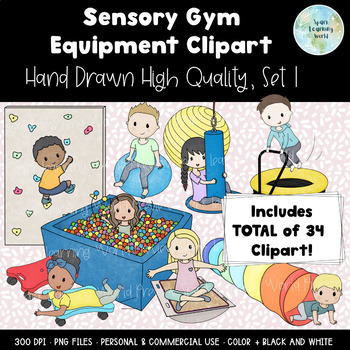 Preview of Sensory Gym Equipment with Children Clipart, 34 total, 18 color, Commercial Use